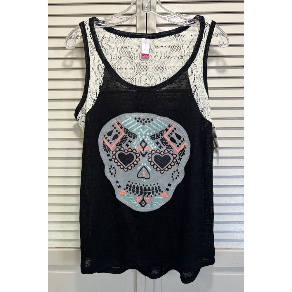NOBO Tank Top NWT Sugar Skull Graphic Crochet Lace Racerback Blk/Multi-color